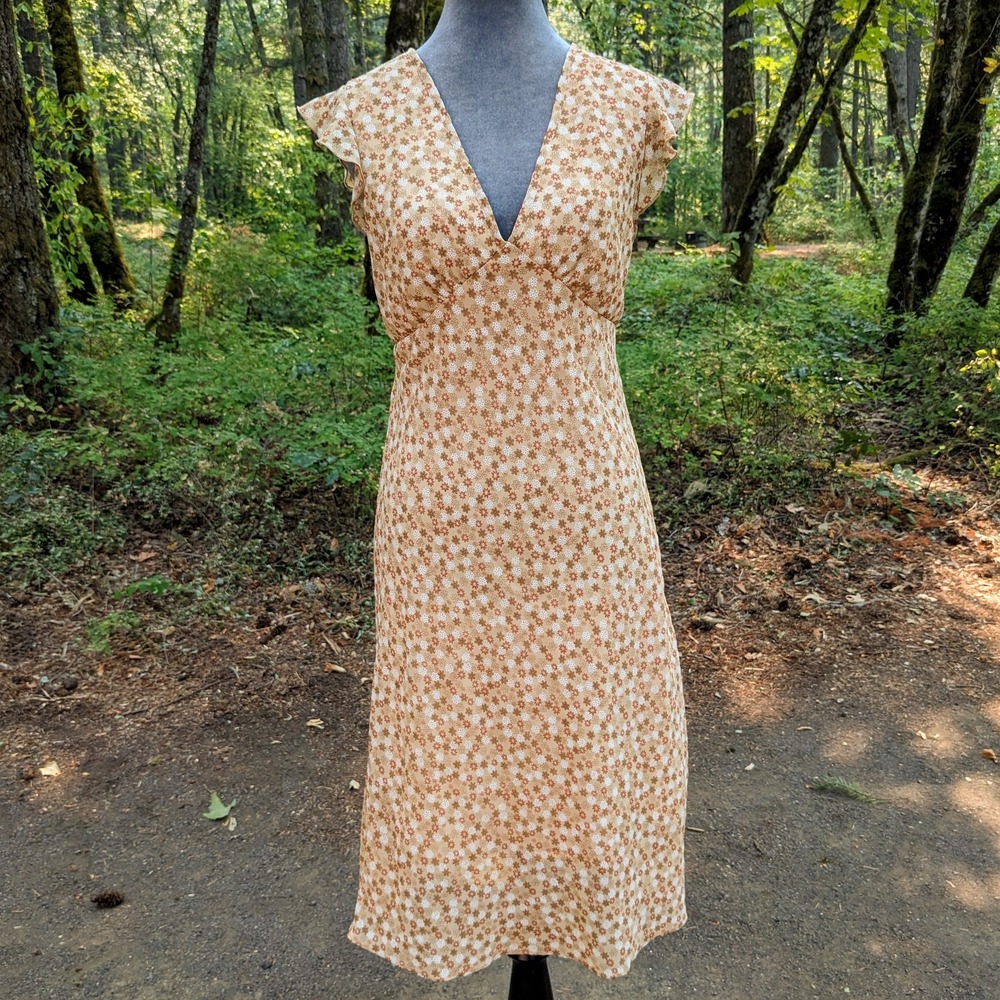 Vintage Y2K Tan Sheer‎ Chiffon Overlay Dress S Floral Fairy Grunge Babydoll